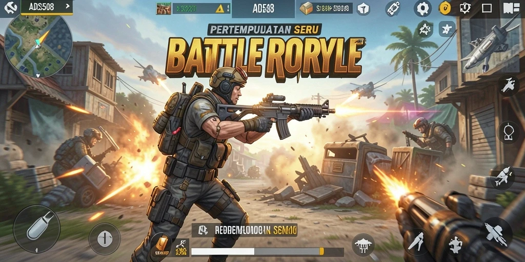 Tampilan aksi seru dalam pertempuran ADS508 Battle Royale.