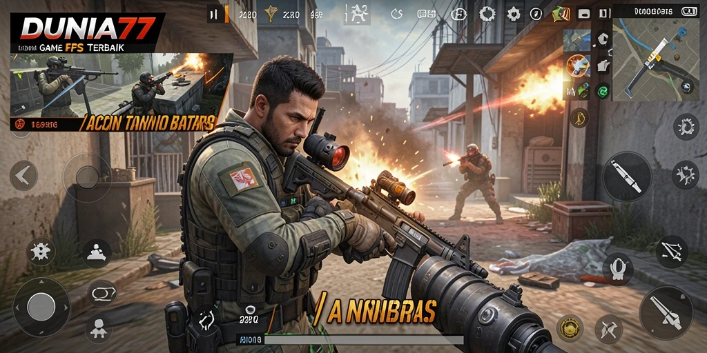 Screenshot gameplay DUNIA77 menampilkan aksi tembak-menembak yang mendebarkan.