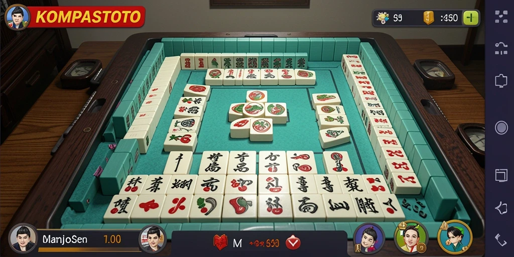 Tampilan gameplay KOMPASTOTO yang menarik dengan ubin Mahjong berwarna-warni.