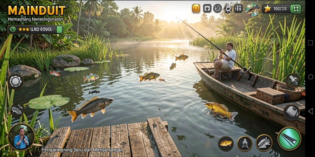 Screenshot gameplay MAINDUIT dengan aksi memancing yang intens.