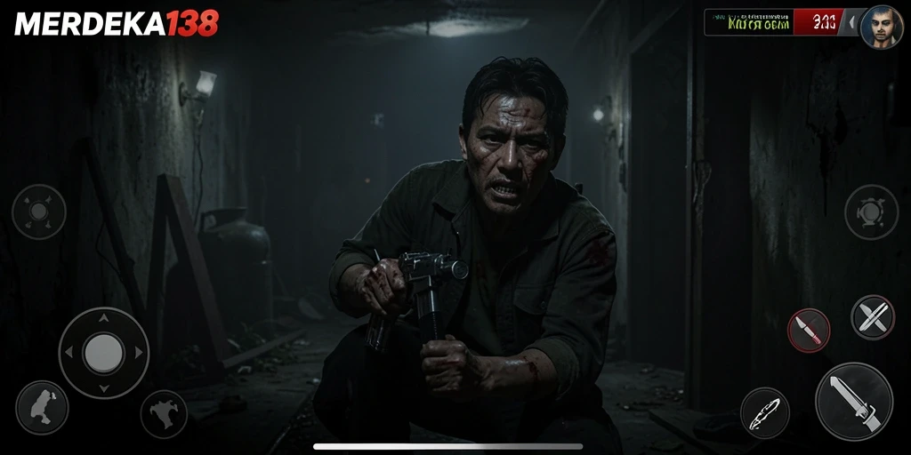 Tangkapan layar gameplay MERDEKA138 menunjukkan suasana menegangkan dan kegelapan menakutkan.
