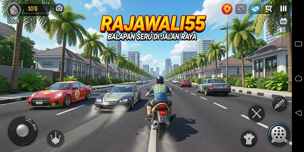 Gameplay seru RAJAWALI55 dengan balapan di jalan raya.