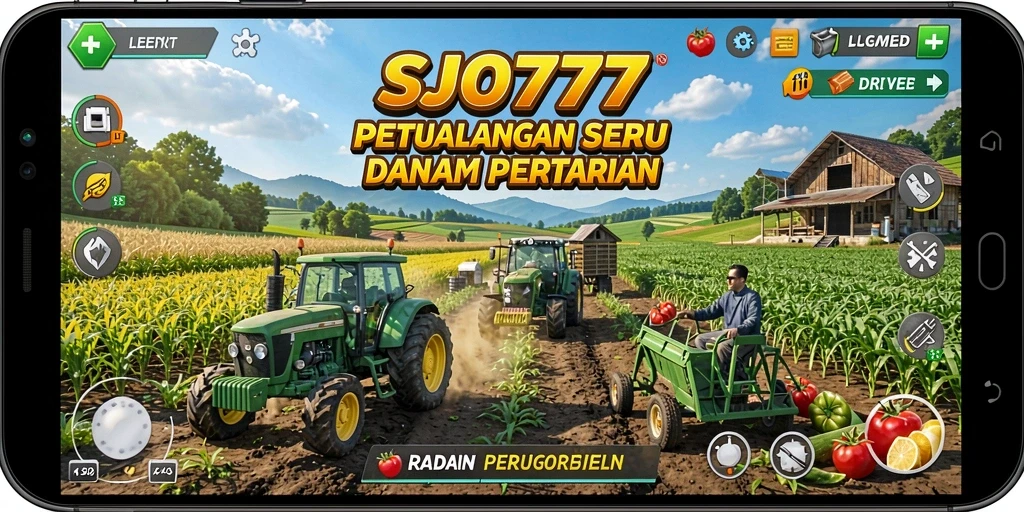Tampilan permainan <strong>SJO777</strong> dengan kebun yang subur dan aktivitas bertani.