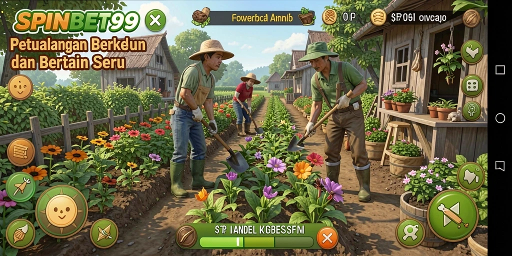Tampilan screenshot SPINBET99 menunjukkan aktivitas bertani yang seru.