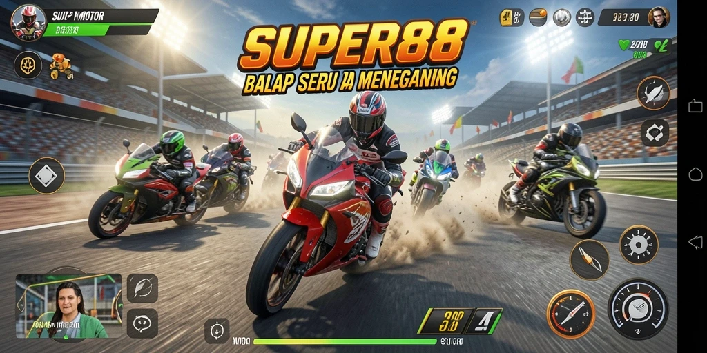 Screenshot SUPER88 menunjukkan aksi balap motor yang mendebarkan.